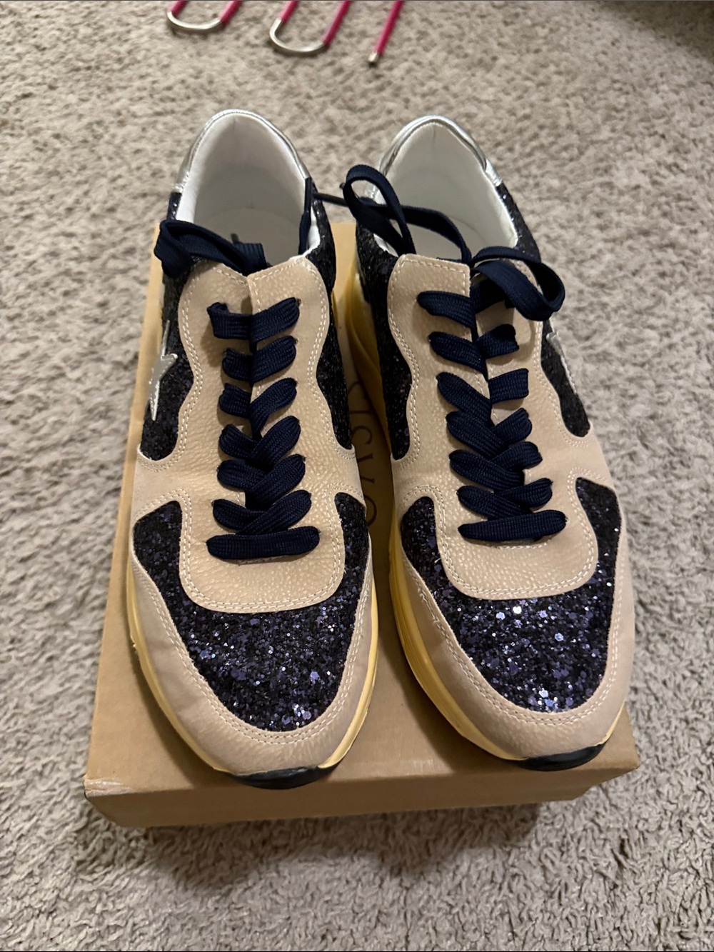 Beige and Navy Glitter Accent Sneakers - Picture 1 of 6